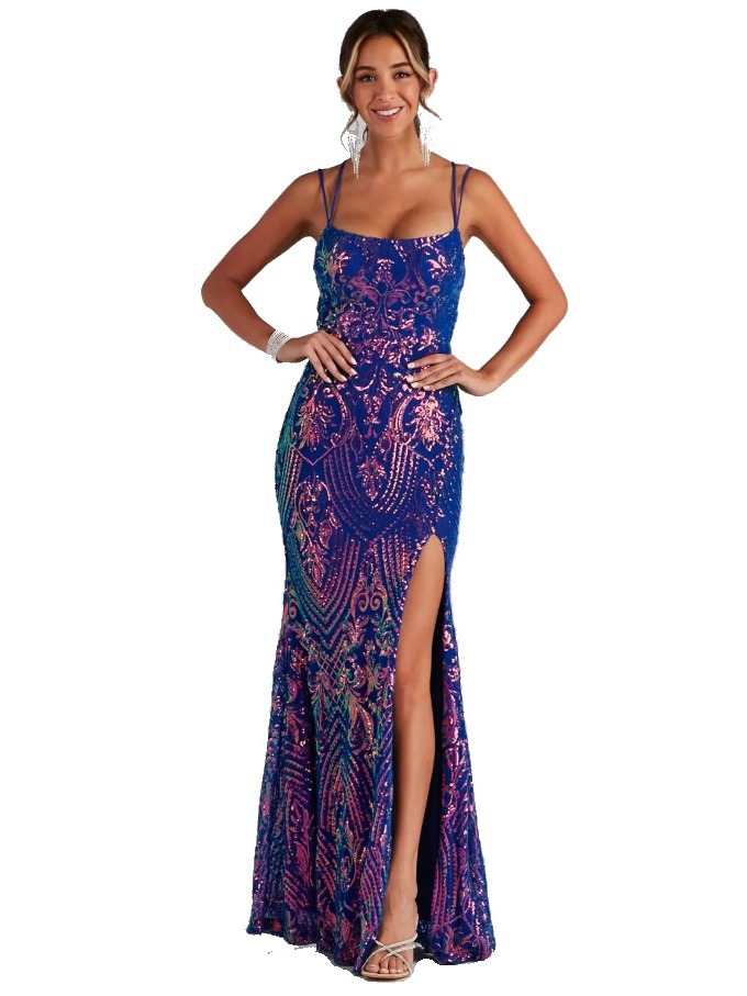 Transfronterizo europeo y americano sexy fuera de cuello lentejuelas piso vestido de noche elegante split banquete vestido de fiesta para las mujeres