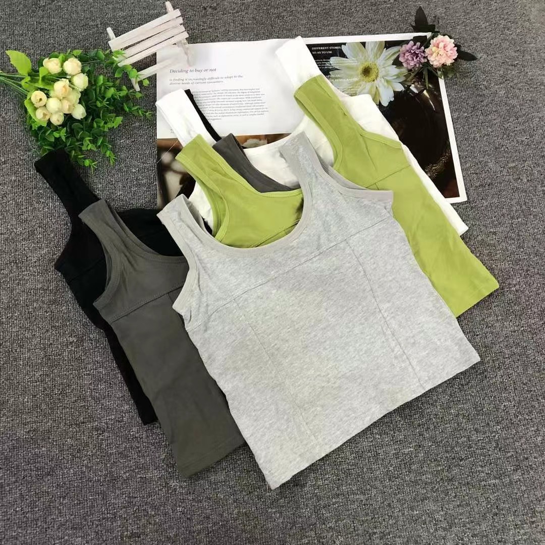 6628 Sujetador de chaleco de algodón de todo fósforo de color sólido para mujer, almohadilla fija para el pecho interior y exterior, blusa delgada sin mangas