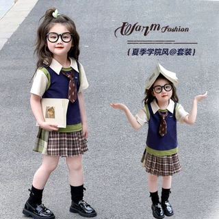 女童夏装套装2026新款儿童洋气短袖可露丽风JK学院裙女宝夏季衣服