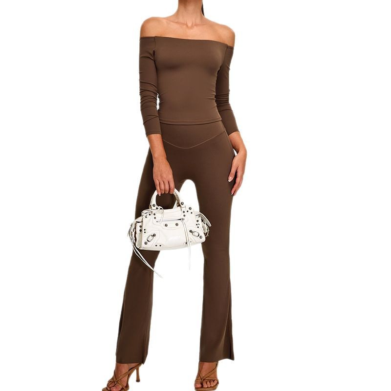 Otoño y invierno nuevo tipo de hombro delgado y delgado manga larga set de ropa de yoga de piernas anchas de mujer micro trajes deportivos al aire libre set de fitness