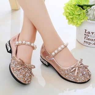 Girls' princess shoes leather shoes summer children's single shoes rhinestone baby high heels middle and big children's shoes soft bottom children's shoes