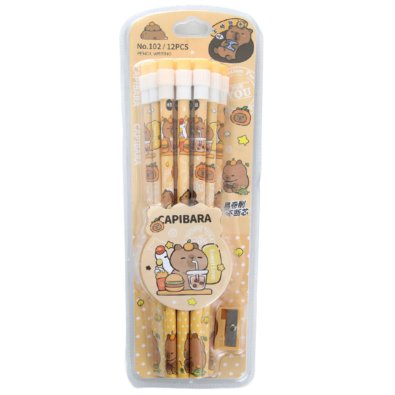 Caricatura Capibara HB lápiz para estudiantes de primaria 12 rodas redondas con cuchillo de lápiz de alto valor de papelería