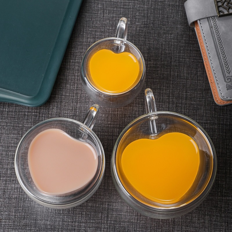 Creative insulated heart-shaped double-layer glass cup high borosilicate glass handle cup couple cup coffee milk juice cup home