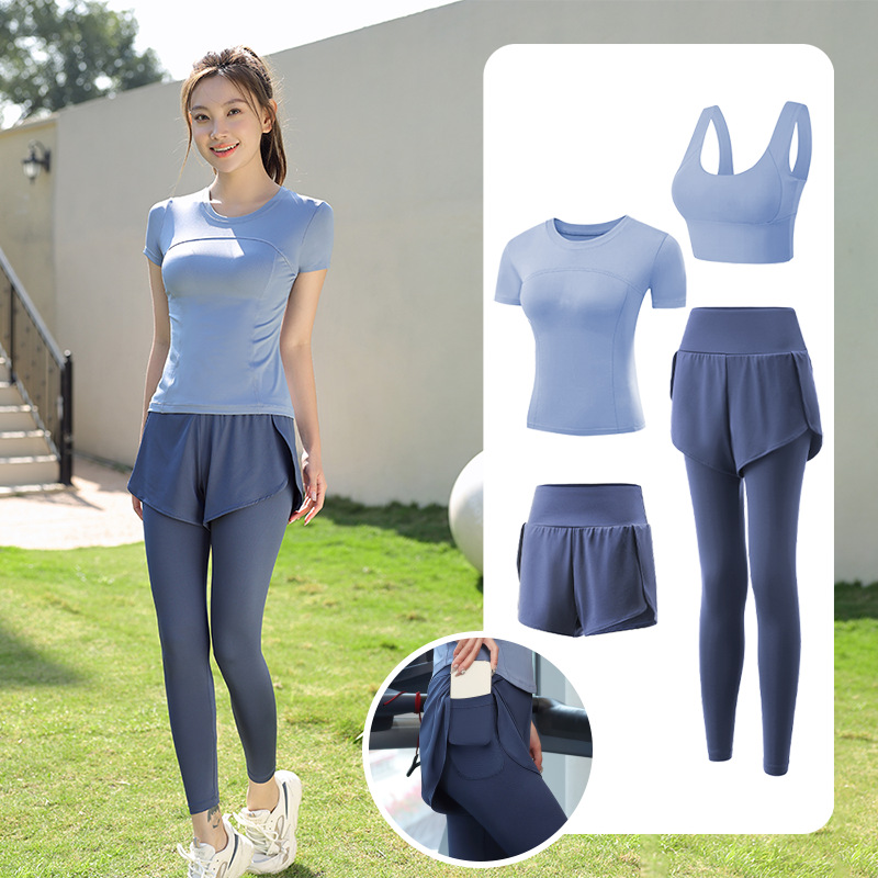Trajes de yoga para mujeres de verano para correr ropa deportiva suelta rápida ropa seca bolsillo para correr trajes de mujeres de la mañana para correr comercio exterior
