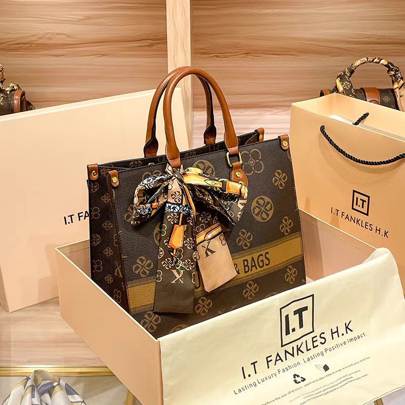 Túi tote nữ da thật cỡ lớn đựng tài liệu — Hoa lớn/nâu, Hoa lớn/trắng