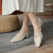 雅诗朗 温柔米白色方头粗跟浅口单鞋女2021年春季新款中跟高跟鞋