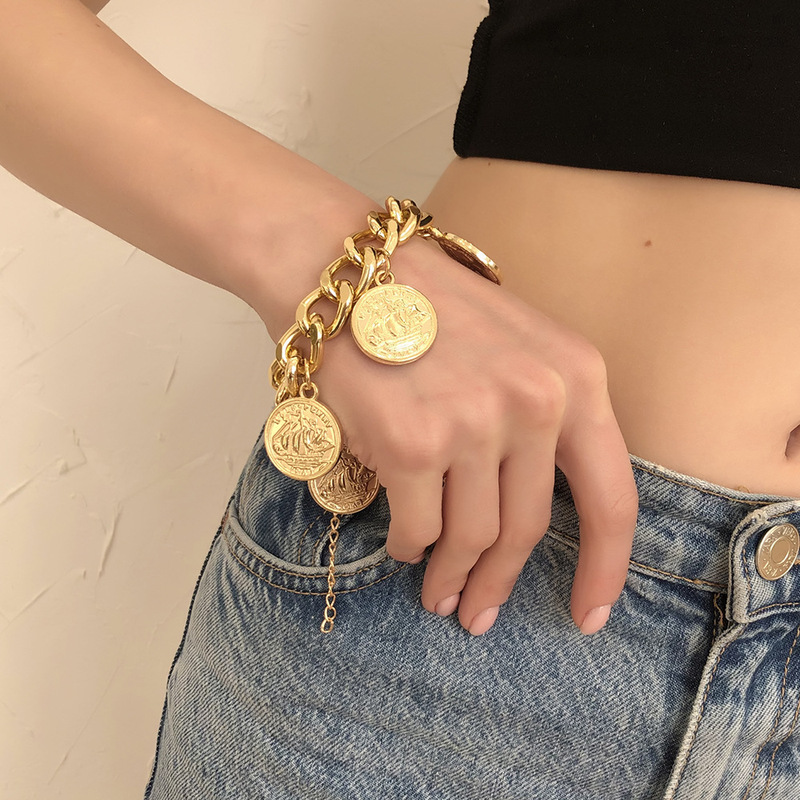 B1255 European and American Cross-border Thick Chain Bracelet Woman Like Coin Exaggerated Punk Hip-hop Bracelet Geometric Accessories