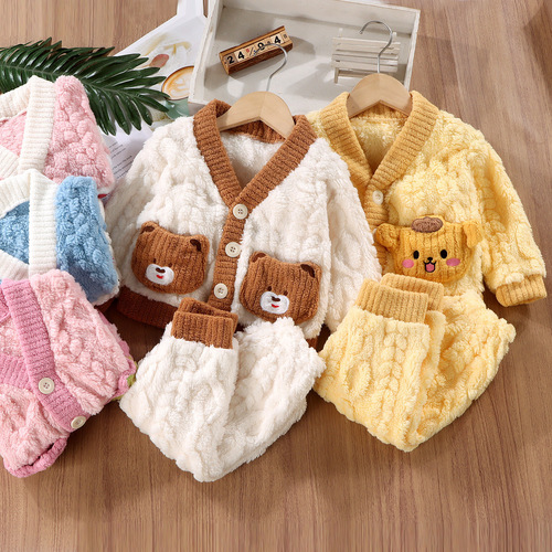 New children's home suit set for boys and girls, children's flannel pajama sets with outerwear, thick and warm two-piece set