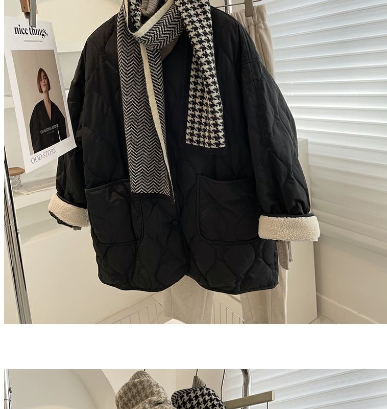 Collarless lamb wool splicing light and thin winter Korean version loose small fragrant dia plaid warm cotton jacket_voghion.com