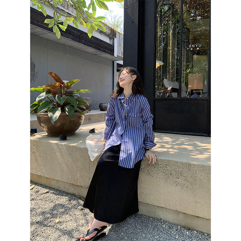 Flip Pocket Blue Striped Shirt for Women, Summer 2026 New Style, Loose Fit, Slimming Long-Sleeve Shirt Flip Pocket Blue Striped Shirt for Women, Summer 2026 New Style, Loose Fit, Slimming Long-Sleeve Shirt
