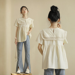 Japanese-style girl's simple lace square collar apricot baby shirt 2024 summer big kid loose top high-quality factory