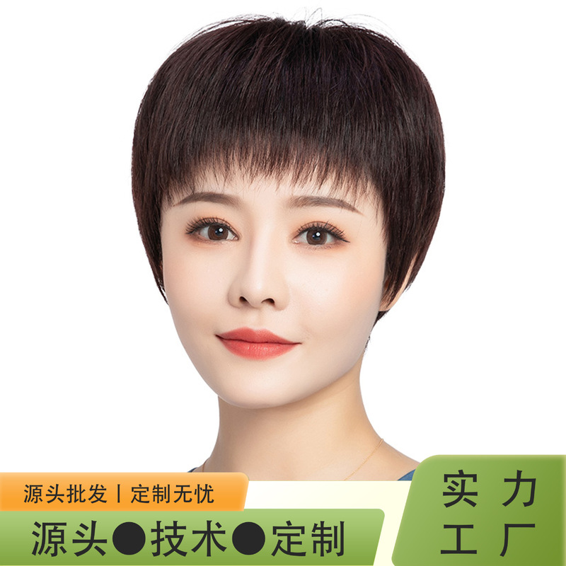假发批发女短发全头套真人发丝短直发中老年女士齐刘海减龄修颜|undefined