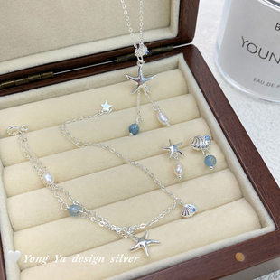 Original S925 sterling silver S999 foot silver starfish aquamarine pearl necklace fresh and cute natural suit for delivery