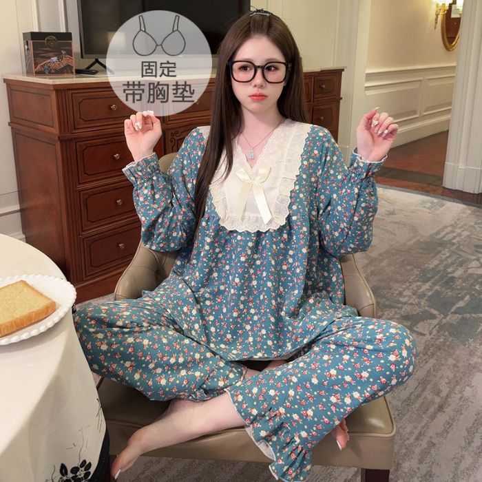 胖mm睡衣女春秋季薄款带胸垫云朵棉公主风碎花长袖套装大码家居服|undefined