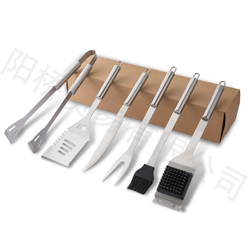 Fábrica Amazon barbacoa al aire libre traje combinación de acero inoxidable barbacoa herramienta tenedor pala clip cuchillo tubo redondo mango herramienta