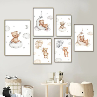 Nordic Cartoon Animal Bear Rainbow Moon Balloon Clouds Children's Bedroom Decoration Frameless Hanging Painting Core Poster