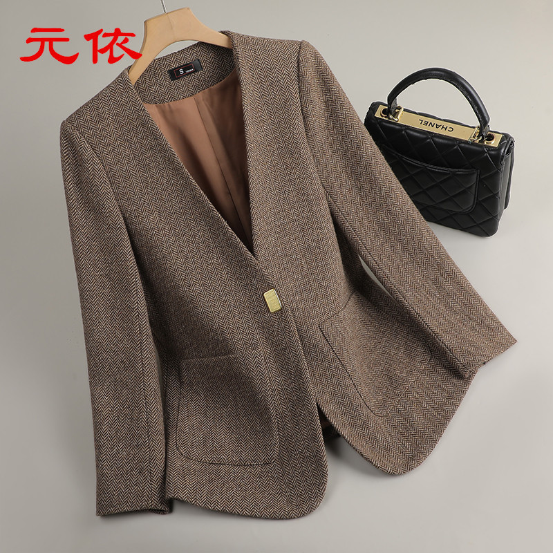 Autumn New Long Sleeve Brown Suit Jacket Small Chanel Style Woolen Suit Elegant Commuter Slim Fit Work Top