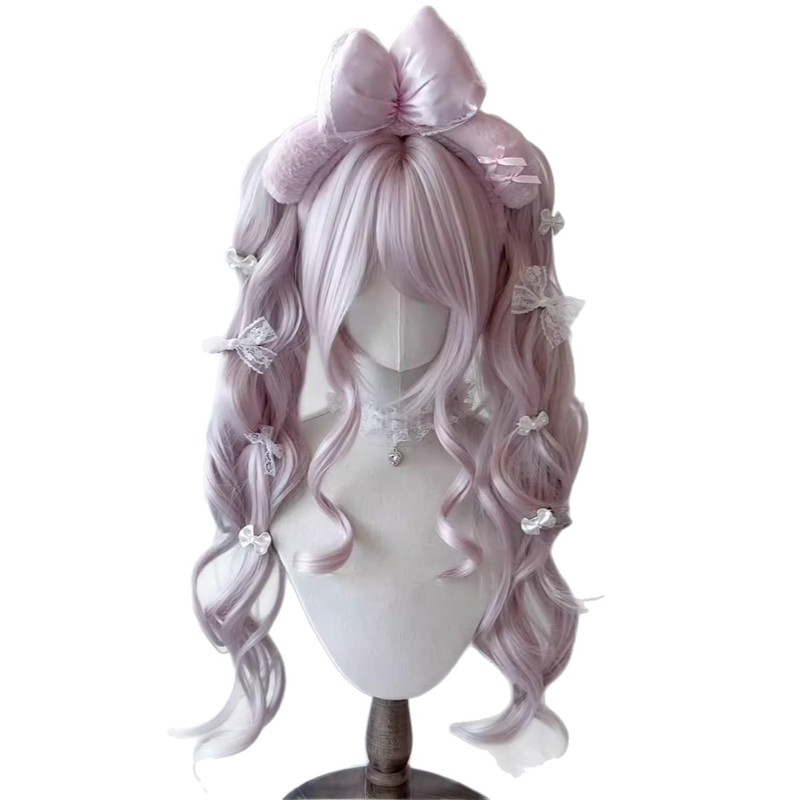 假发女古早姬系Lolita虎口夹双马尾淡粉色doll感洛丽塔日常全头套|undefined