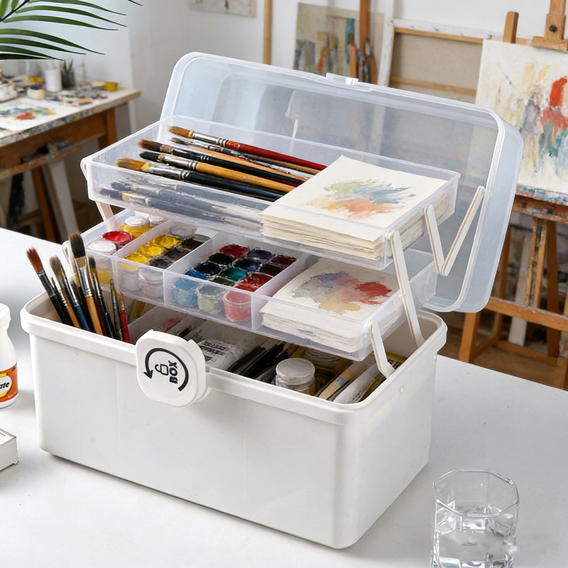 Art Studio Thickened Art Supplies Storage Box, Portable Household Medicine Box, Large Capacity Transparent Multi-Layer Organizing Box