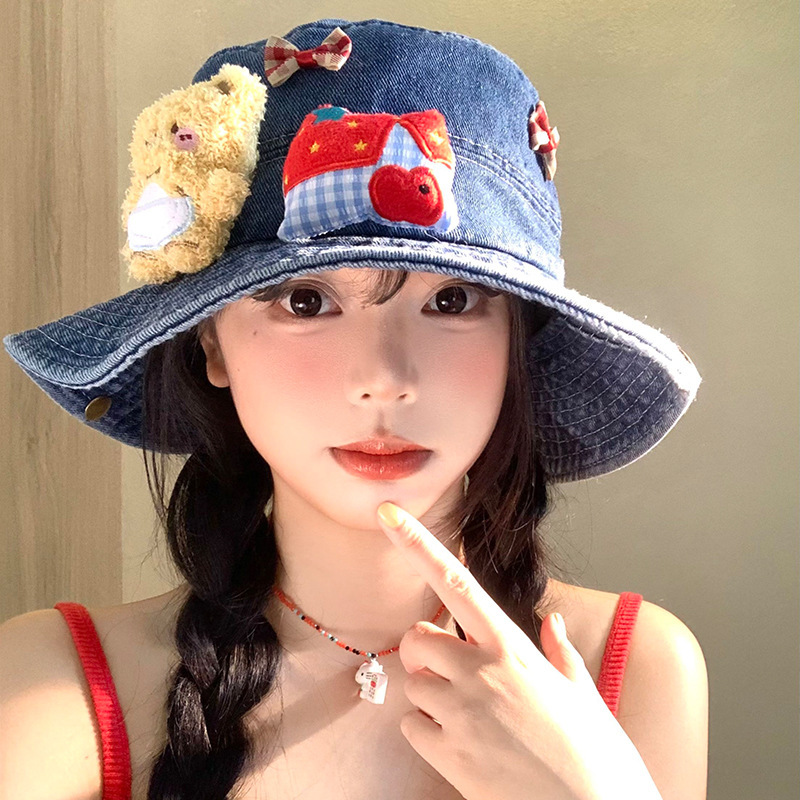 可爱小熊蝴蝶结牛仔渔夫帽女夏季大帽檐显脸小盆帽遮阳防晒帽子潮|undefined