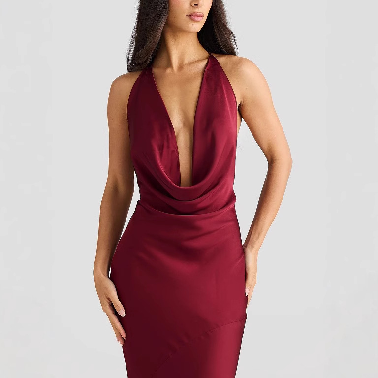 Women's Sleeveless Halter Neck Long Dress Solid Color Satin Slim Fit Sexy Fashion_ecoleips.com