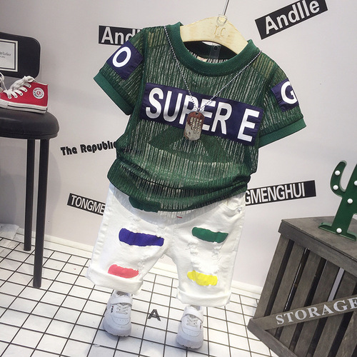 Boys' Short Sleeve T-Shirt  Summer New Korean Style Hollow Upfit Children's Casual Short Sleeve 68011 Shorts Set
