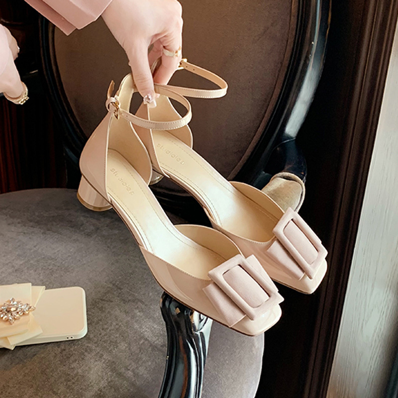 Genuine Leather Sandals For Women Sheepskin Summer Internet Celebrity Style Thick Heel Square Toe Square Buckle Ankle Buckle Strap Toe Toe Shoes