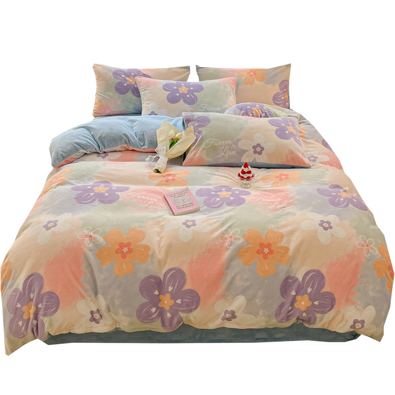 Nuevo traje de terciopelo de leche de cuatro piezas de terciopelo de coral grueso otoño e invierno sábana funda edredón sábana ropa de cama