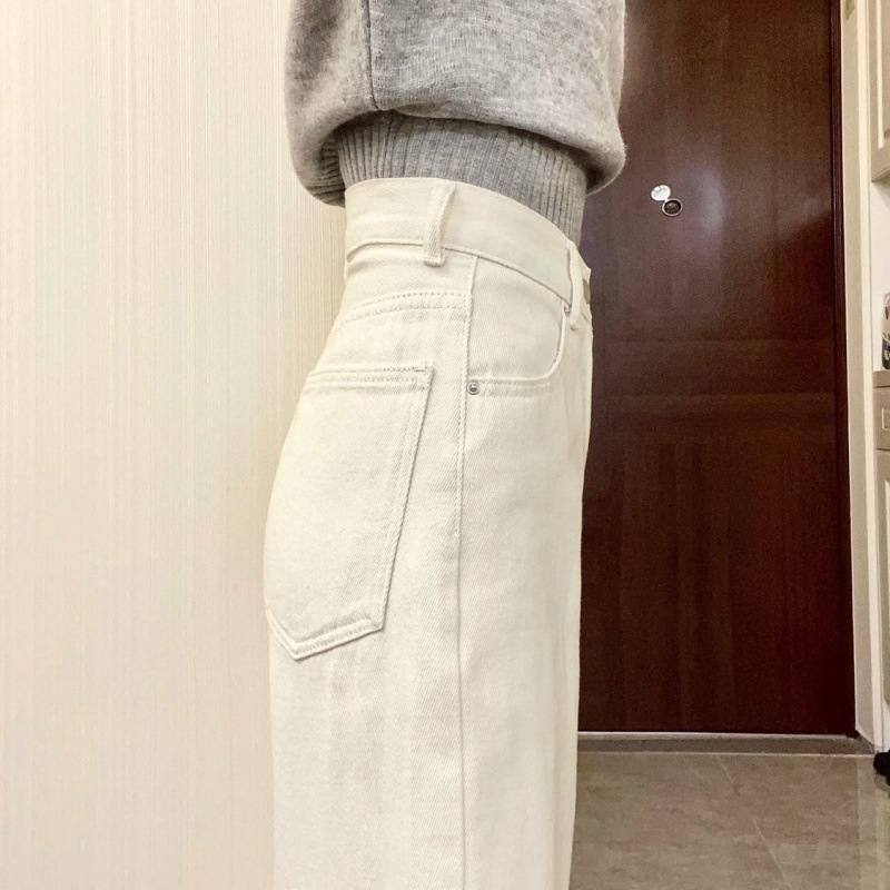 白色高腰牛仔裤子女2025秋冬窄版直筒裤显瘦加绒拖地长裤阔腿裤子|undefined