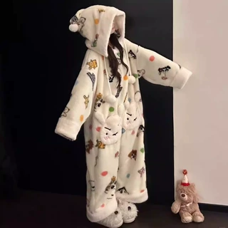 卡通少女蜡笔小新连体珊瑚绒睡衣女秋冬季新款加绒加厚保暖家居服
