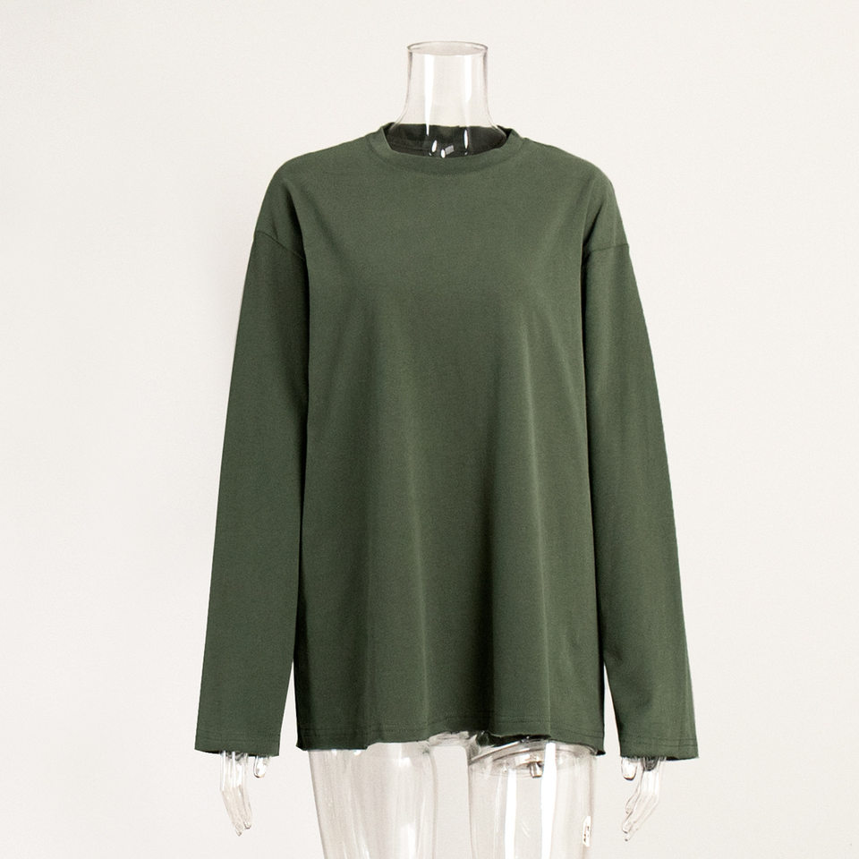 Áo thun nữ cotton 100% cổ tròn tay dài form rộng màu trơn — Màu cà phê, Màu hồng, Màu mơ, Màu trắng chi tiết 41