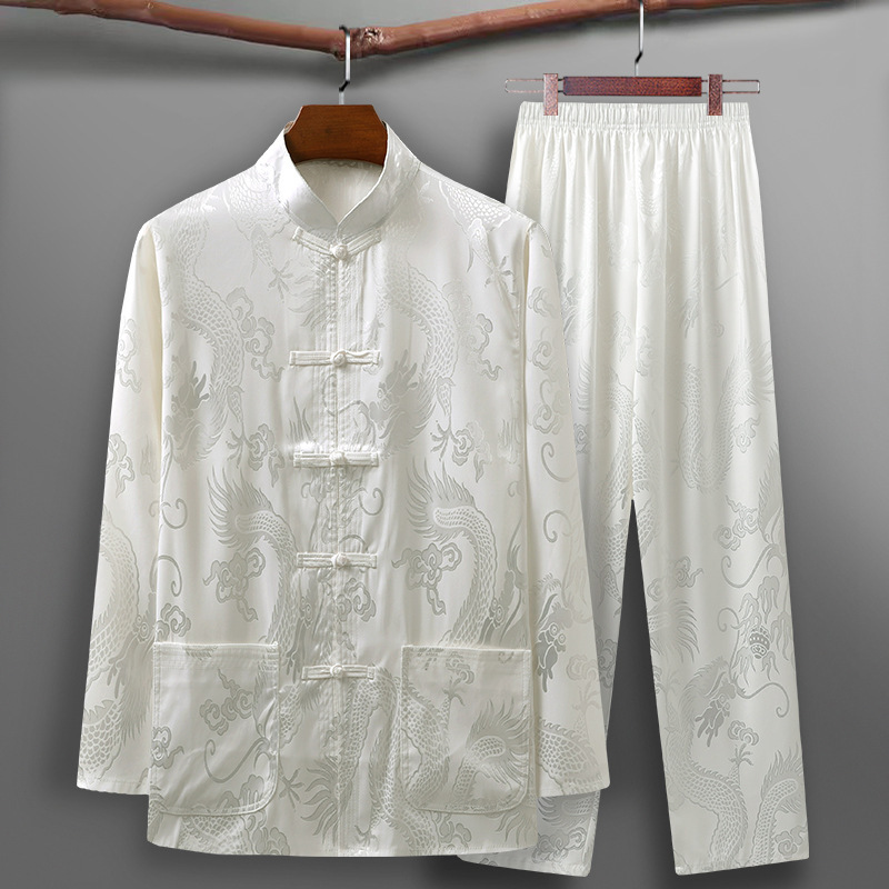 Mulberry Silk Tang Suit Men's Summer Long Sleeve Thin Dad Suit Chinese Style Silk Grandpa Old Man Clothes