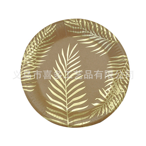 ins hot stamping palm leaf eco-friendly kraft paper tableware set adult party decoration printed paper plate paper cup tissue