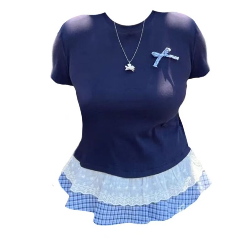 Plus-Size Bowknot Top with Short Sleeves and Plaid Hem, Summer Lace Fashion Versatile Casual Design