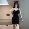 Slim fit with drawstring and suspender， short skirt with buttocks， fake two-piece set for nightclub work clothes