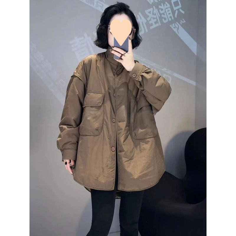 美拉德中长款工装大口袋宽松休闲外套感纯色立领轻薄保暖上衣|undefined