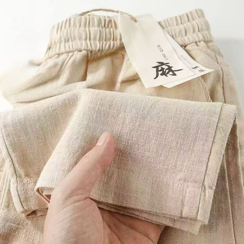 Natural Linen Commuter Cotton-Linen Straight-Leg Casual Pants Summer Ice Silk Breathable Elastic Pocket Style Relaxed Pants