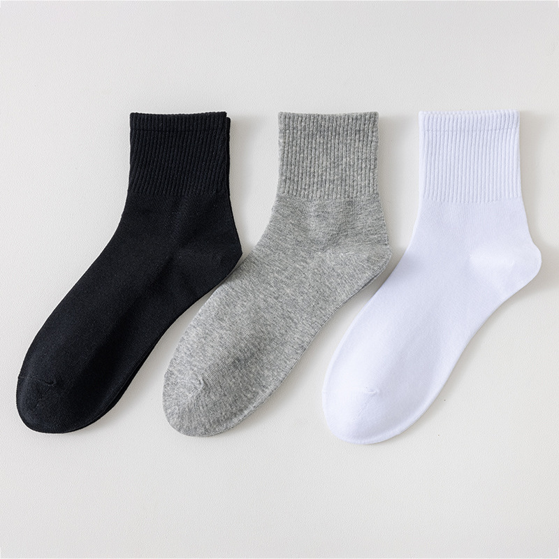Spring and Autumn Solid Color Versatile Black, White, and Gray Unisex Sports Mid-Calf Socks, Simple Cotton Soft Men's Socks, Zhuji Socks Wholesale