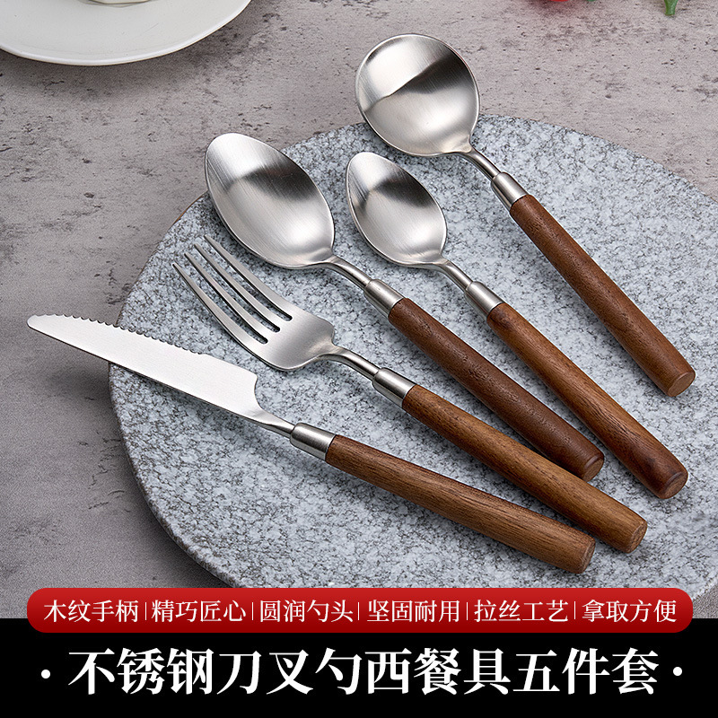 Cross-Border 304 Stainless Steel Tableware with Wooden Handle, Korean-Style Knife, Fork, and Spoon Four-Piece Set for Restaurant Steak and Western-Style Dining