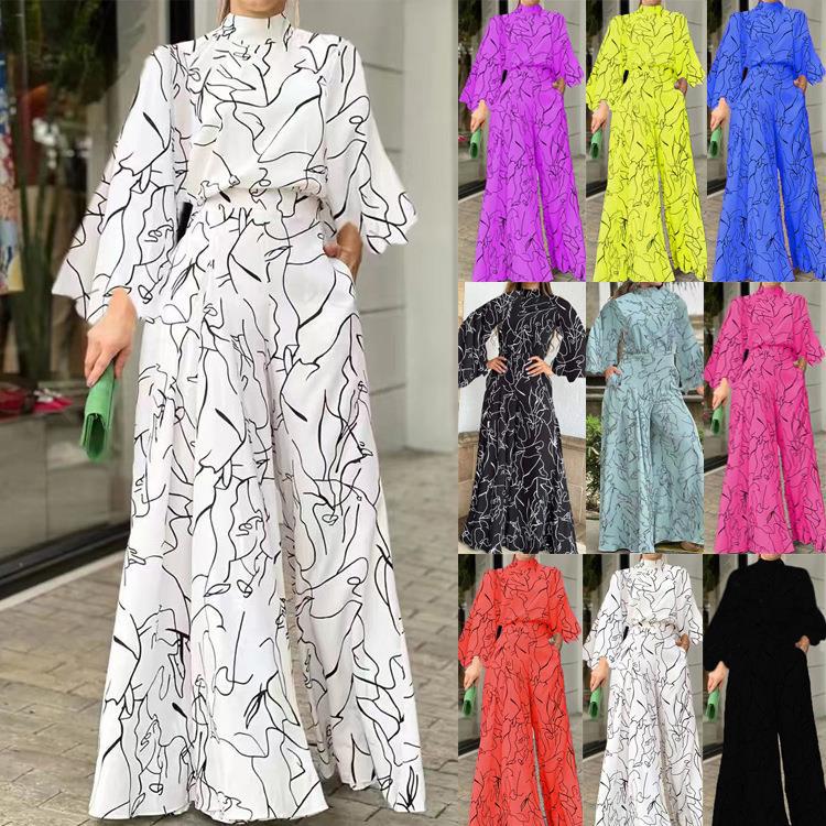 2022 verano europeo y americano ropa de mujer Amazon elegante cintura con cordones de manga larga Halter pantalones impresos mono