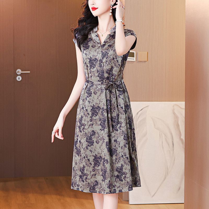 Authentic Silk Mulberry Silk Dress for Women, 2026 Summer New Fashion Printed Tie-Waist Mom Mid-Length Dress Authentic Silk Mulberry Silk Dress for Women, 2026 Summer New Fashion Printed Tie-Waist Mom Mid-Length Dress
