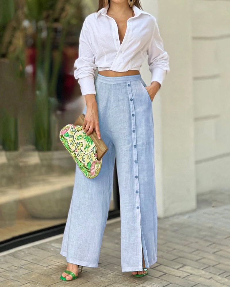 2 Pieces Set Quantity Casual, Daily Occasion Turndown Neckline Regular Fit Fit Type Solid Color Pattern Casual Daily Women's Casual Elegant Solid Color Polyester Button Pant Co-ord Set Pants Sets