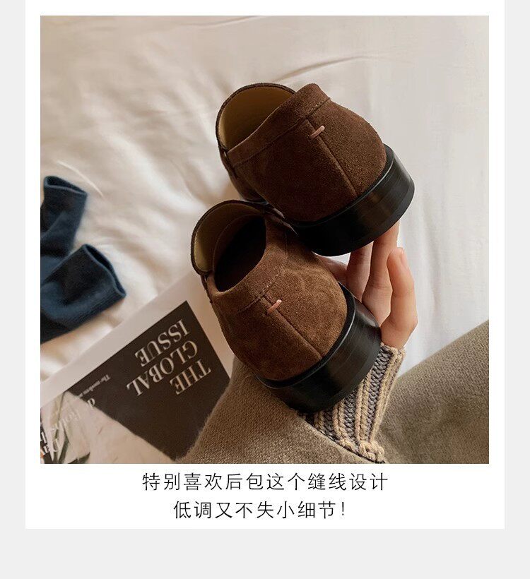 Giày lười nữ da lộn cổ điển mũi tròn đế bằng gót 3–5 cm — Màu nâu kaki, màu đen chi tiết 3