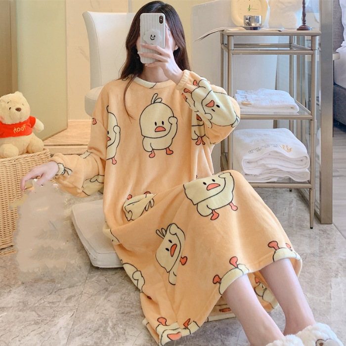 Pijamas de mujeres otoño invierno de franela lindo dibujo animado 2024 nuevo coral de lana gruesa falda cálida ropa para el hogar