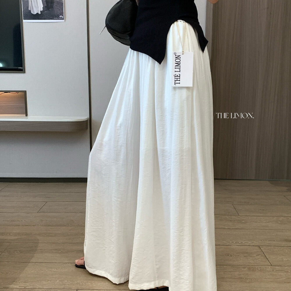 Quần culottes nữ ống rộng cạp cao thiết kế nhún eo phong cách thoải mái — Thẻ nông, màu đen, màu hồng, màu cam