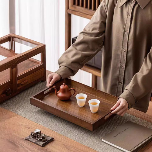 Rectangular wooden tray bamboo breakfast plate, black walnut color, tea cup plate set for commercial, light luxury, aroma diffuser afternoon tea tray