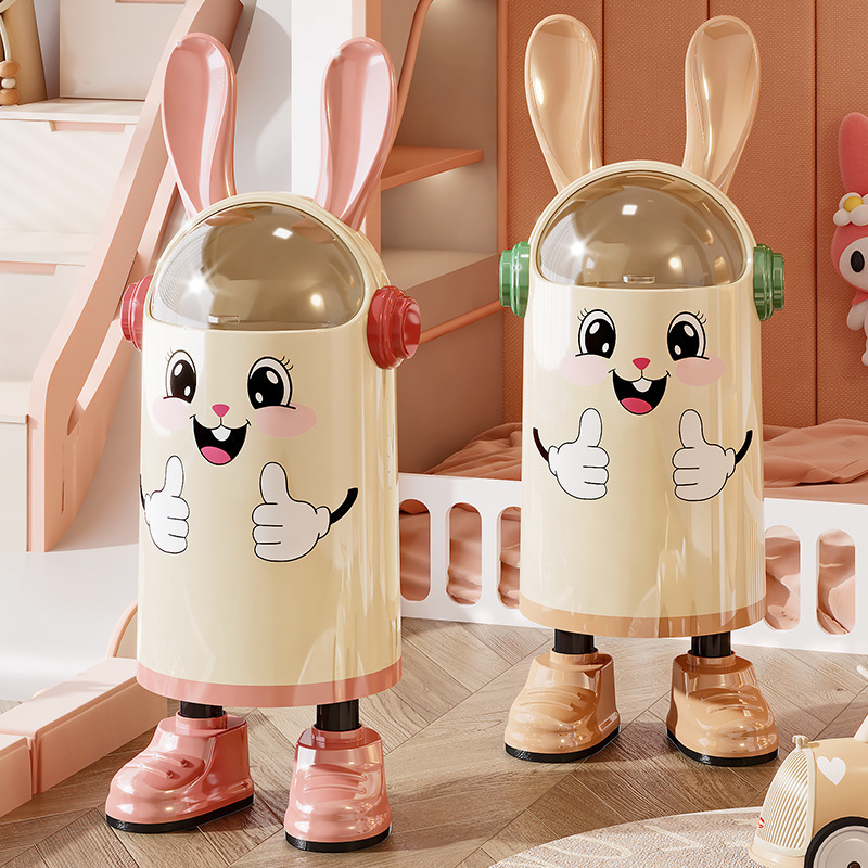 Creative Cartoon Trash Can with Flip Lid, High Aesthetic Rabbit Ears, Lid, Wheels, for Kitchen and Living Room, Trendy Large Double Bin