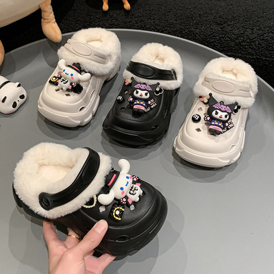 Детские демисезонные мультяшные утепленные съемные тапочки в стиле Crocs на платформе, подходят для носки на улице