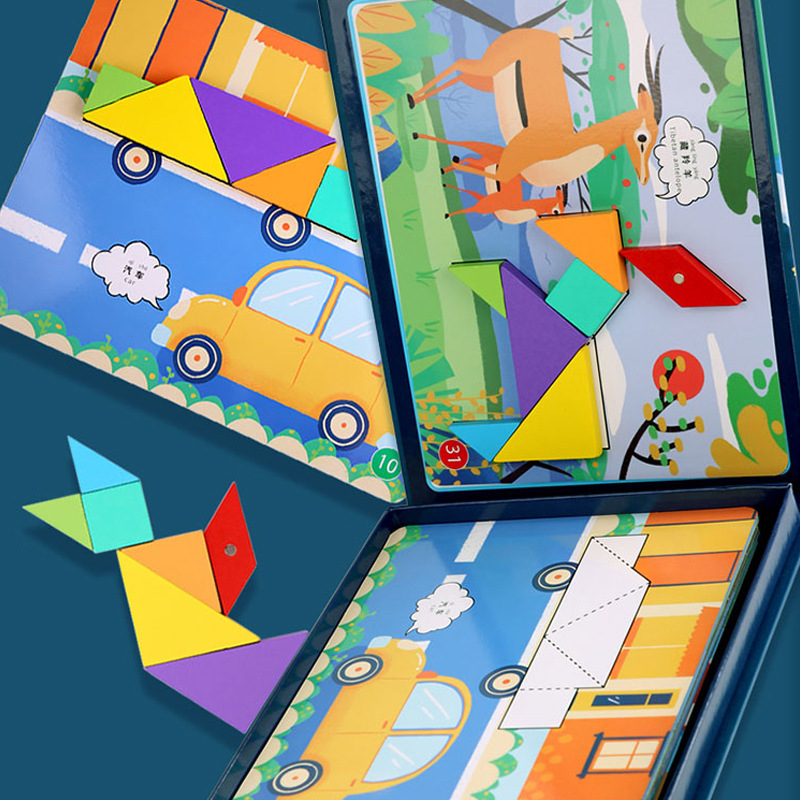 Escritorio de madera, tangram magnético, preescolar para niños, pensamiento, ayudas didácticas, educación temprana, rompecabezas tridimensionales, juguetes transfronterizos