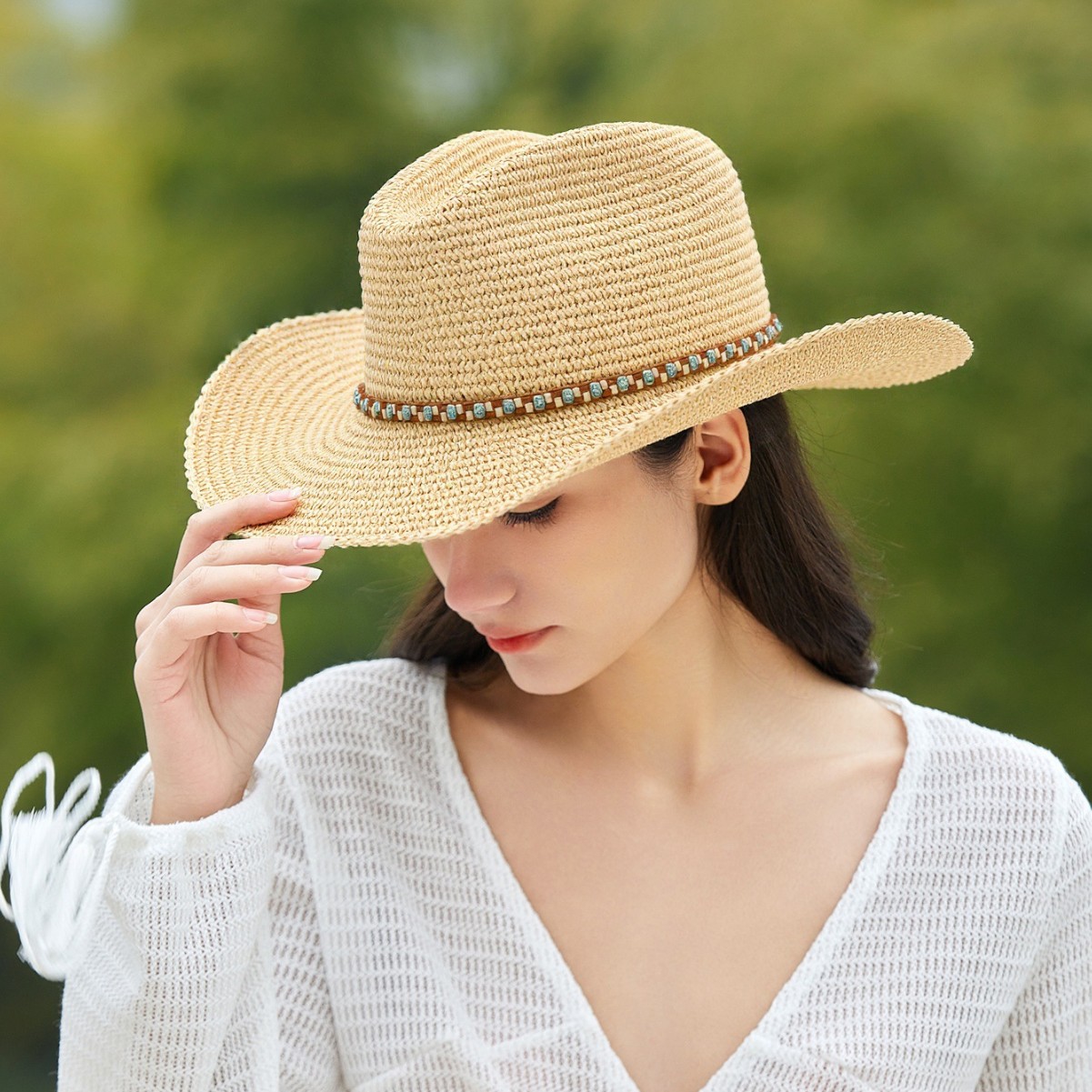 Dames cowboyhoed van stro met brede rand zomer zonbescherming_voghion.com